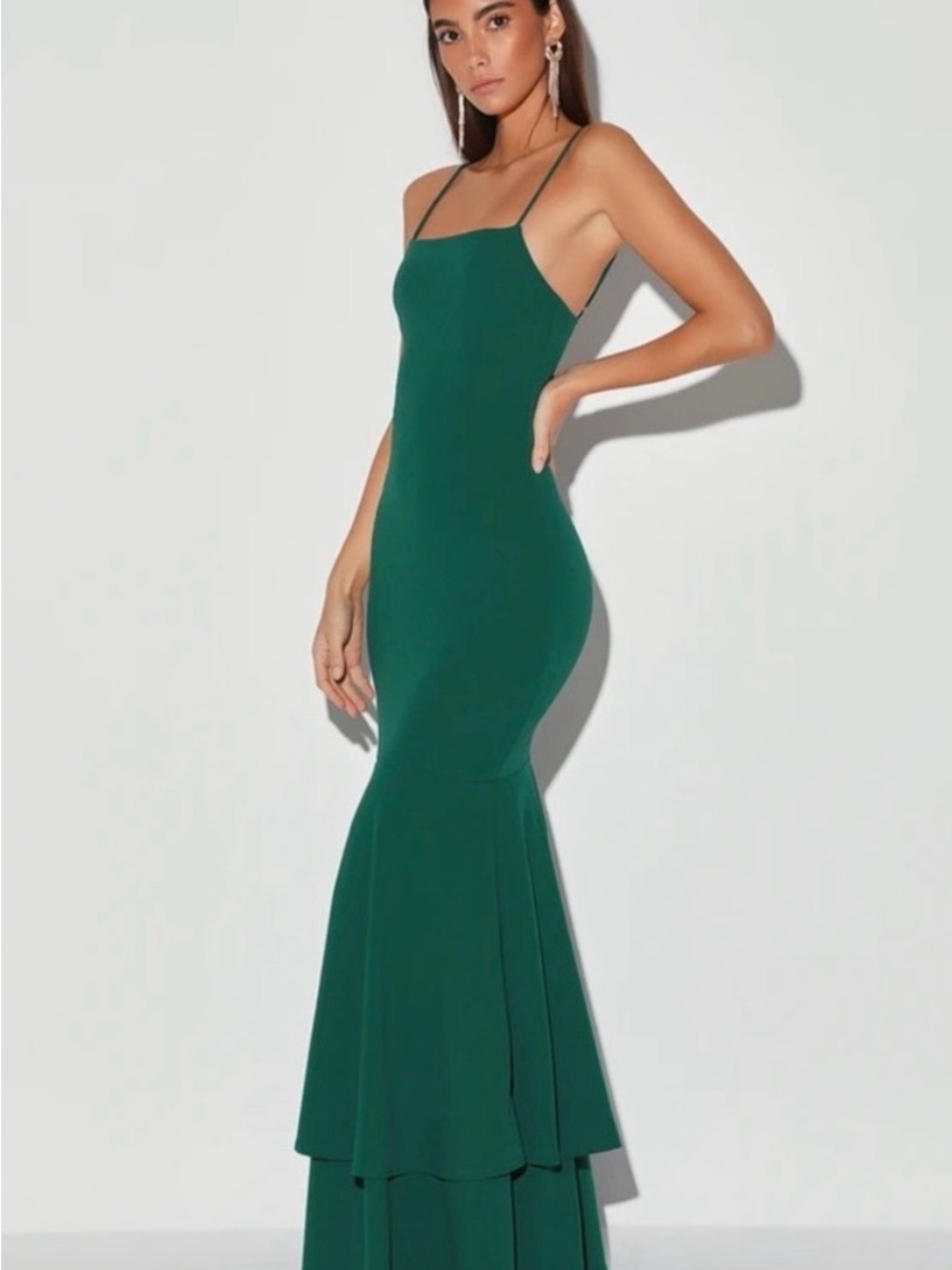 Tier and There Elegant Hunter Green Tiered Trumpet Dress